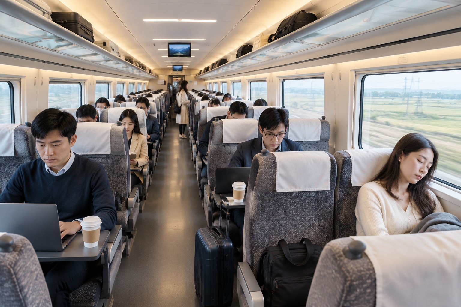 Commuters on a morning high-speed train between Shanghai and Suzhou, with farmland passing outside the window.