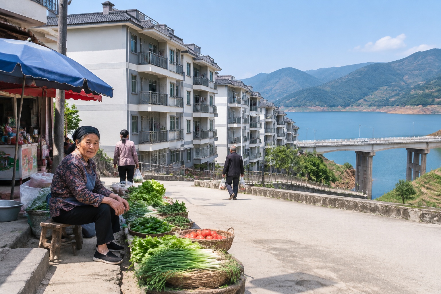 A resettlement town of new apartment blocks beside a reservoir in southwest China, with residents selling vegetables on a quiet street.