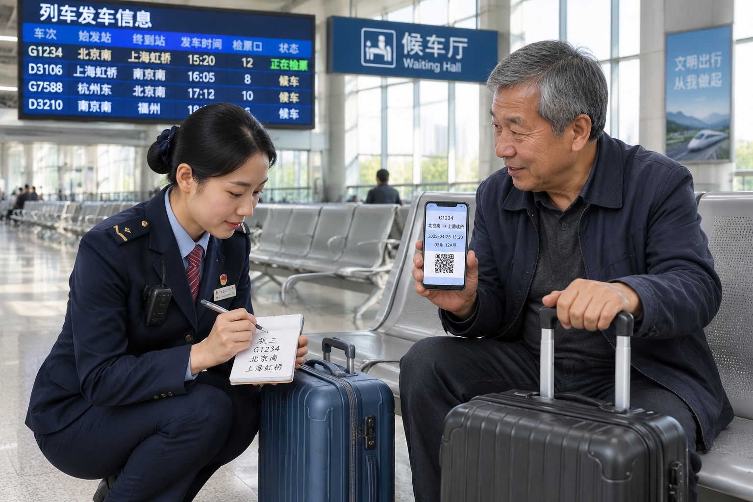 Station attendant writing Chinese characters on a notepad to communicate with an older traveler in a Chinese railway station waiting hall