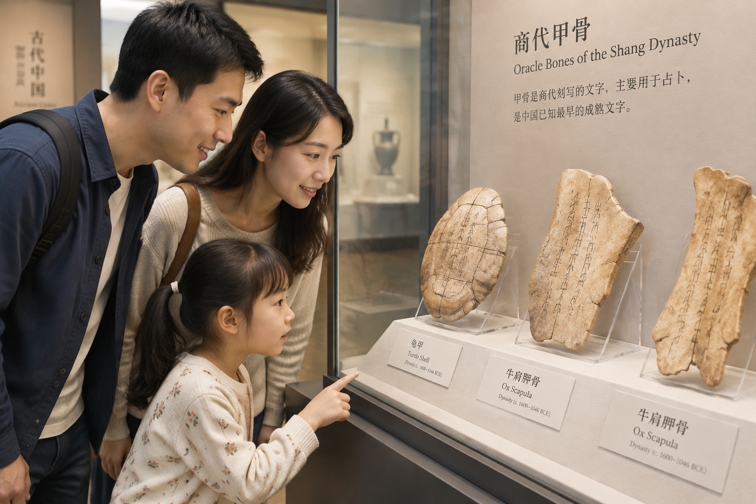 Shang dynasty oracle bones inscribed with early Chinese characters on display in a museum case while a family looks on