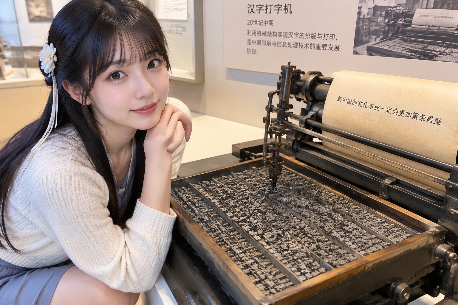 Mid-twentieth-century Chinese typewriter with a large tray of thousands of metal character slugs displayed under museum lighting