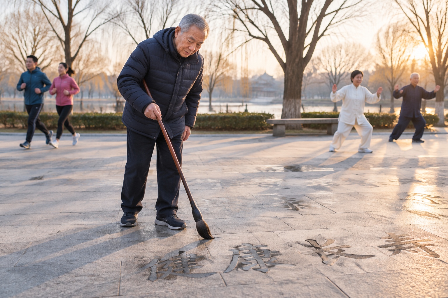 Retiree writing large Chinese characters with a water brush on park paving stones in Beijing in the early morning