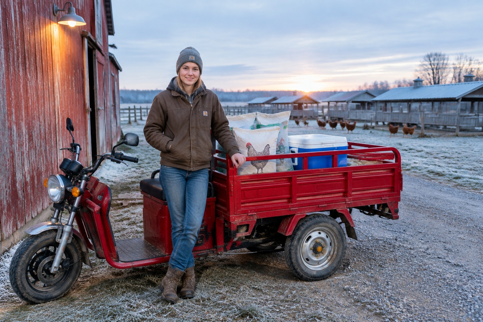 A red Chinese electric cargo tricycle parked on a frosty gravel driveway on an Iowa farm at dawn, loaded with feed sacks