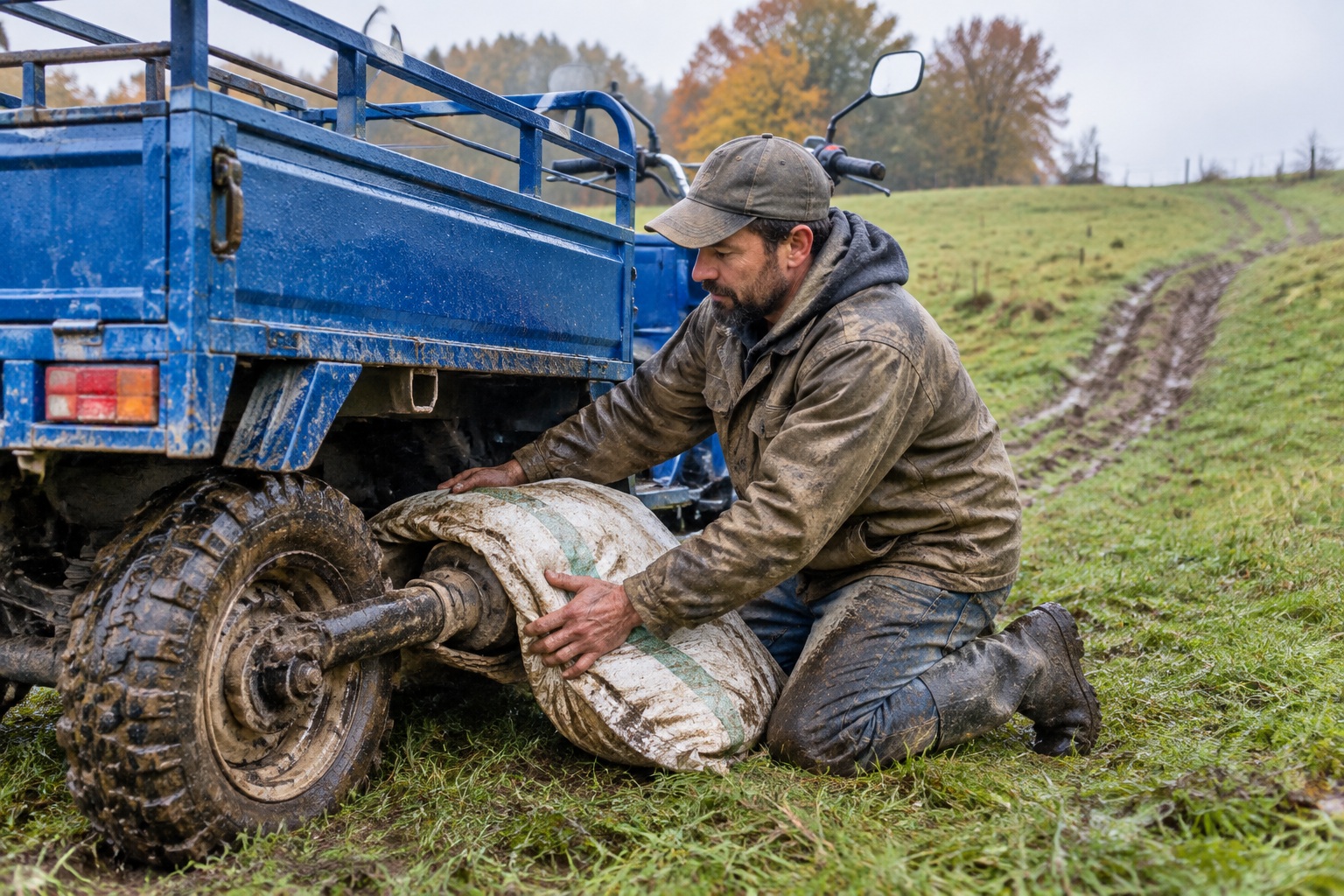 A farmer laying feed sacks over the rear axle of a small electric three-wheeler on a wet grassy hillside for traction