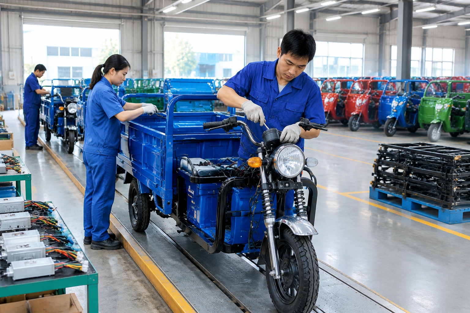 Workers assembling electric three-wheeled cargo vehicles on a factory line in a Chinese county industrial park