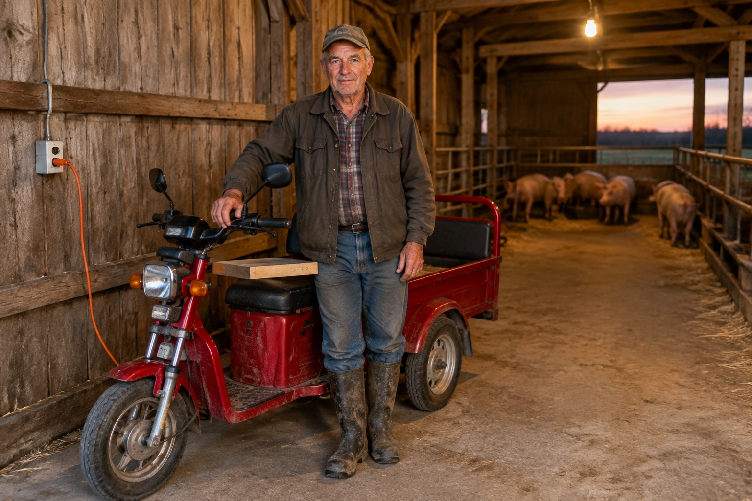 An Iowa farmer plugging a small Chinese electric three-wheeler into a barn outlet at dusk, a board resting on its seat