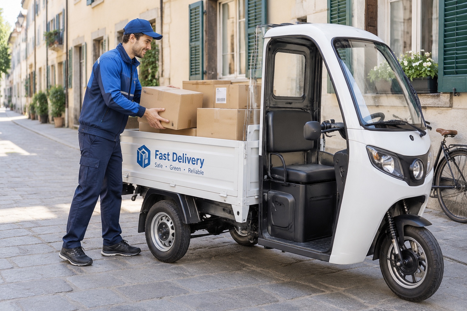 Courier loading packages into a Chinese electric cargo trike on a narrow European street