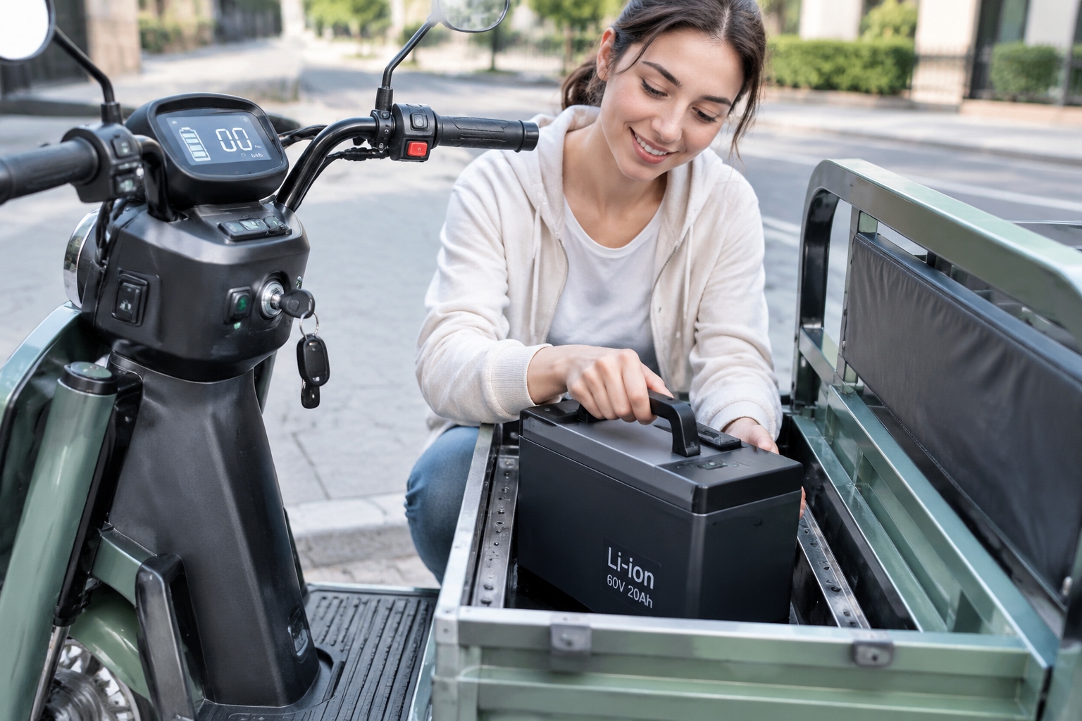 Dashboard and removable lithium battery of a Chinese cargo trike