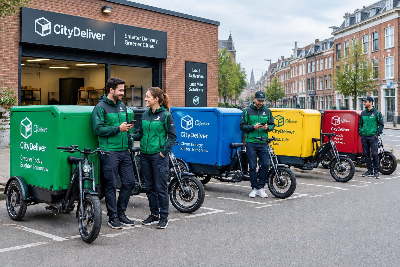 Row of electric cargo trikes parked at a delivery depot in Europe