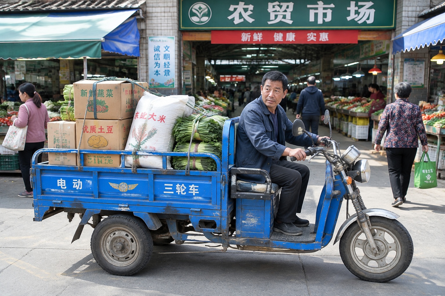 Blue flatbed electric cargo tricycle loaded with boxes and vegetables parked at the entrance of a Chinese wet market