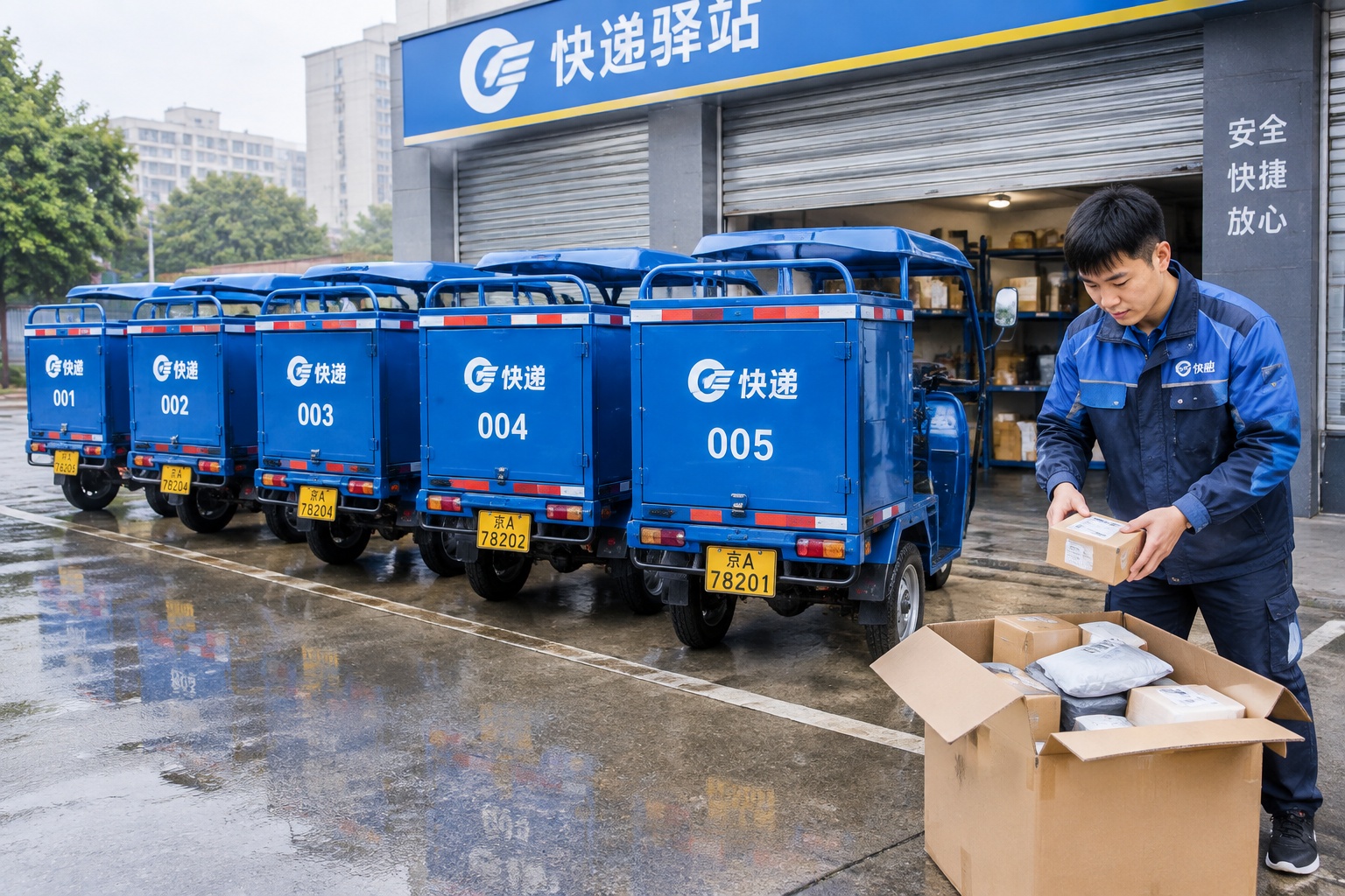 Row of standardised courier tricycles with plates and numbers parked outside a delivery station in China