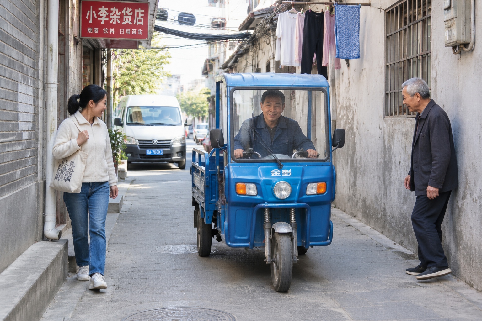 Small three-wheeled electric cart moving down a narrow Chinese alley too tight for a delivery van