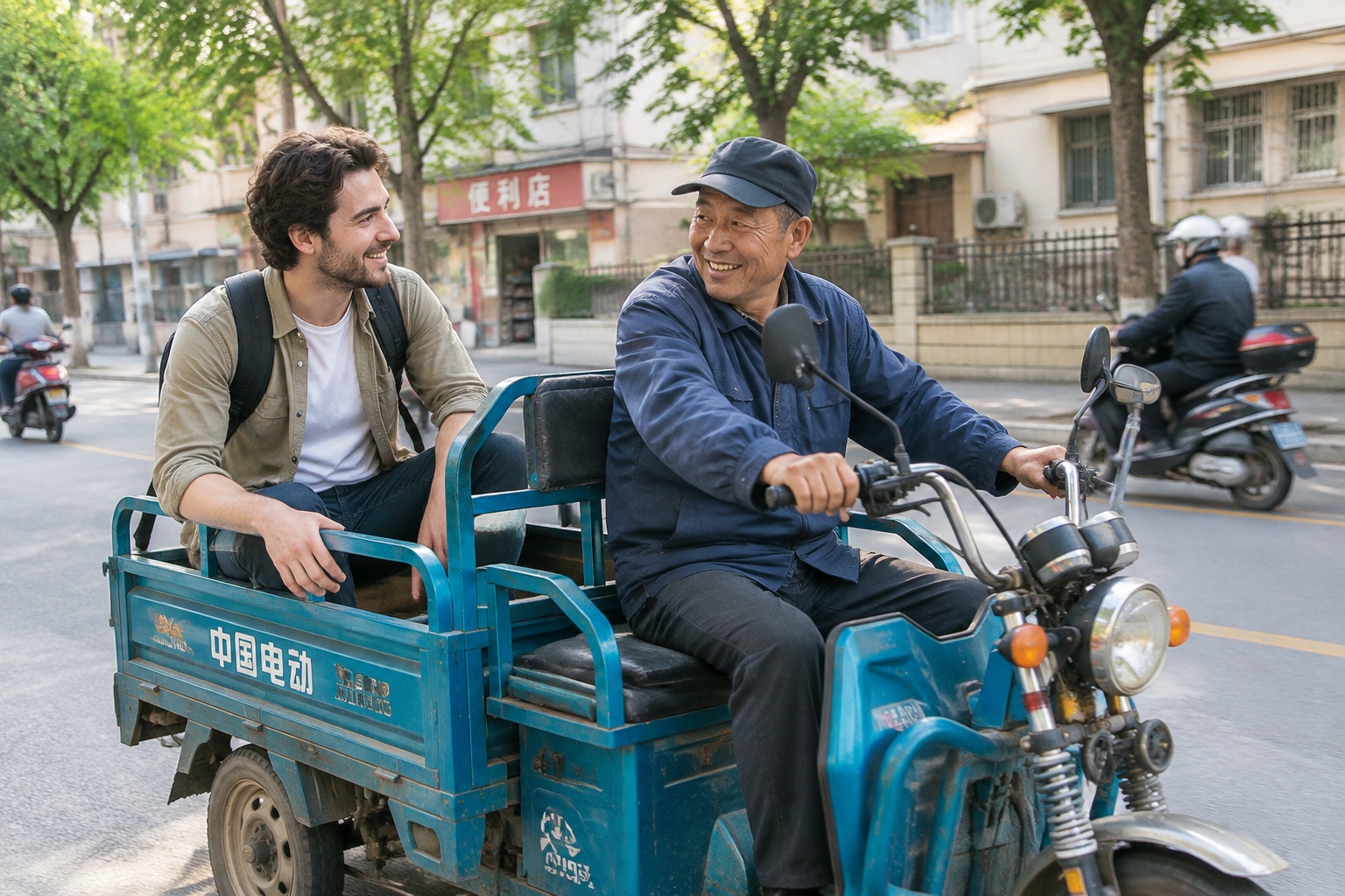 Foreign passenger riding in the back of a small Chinese electric tricycle while the local driver smiles