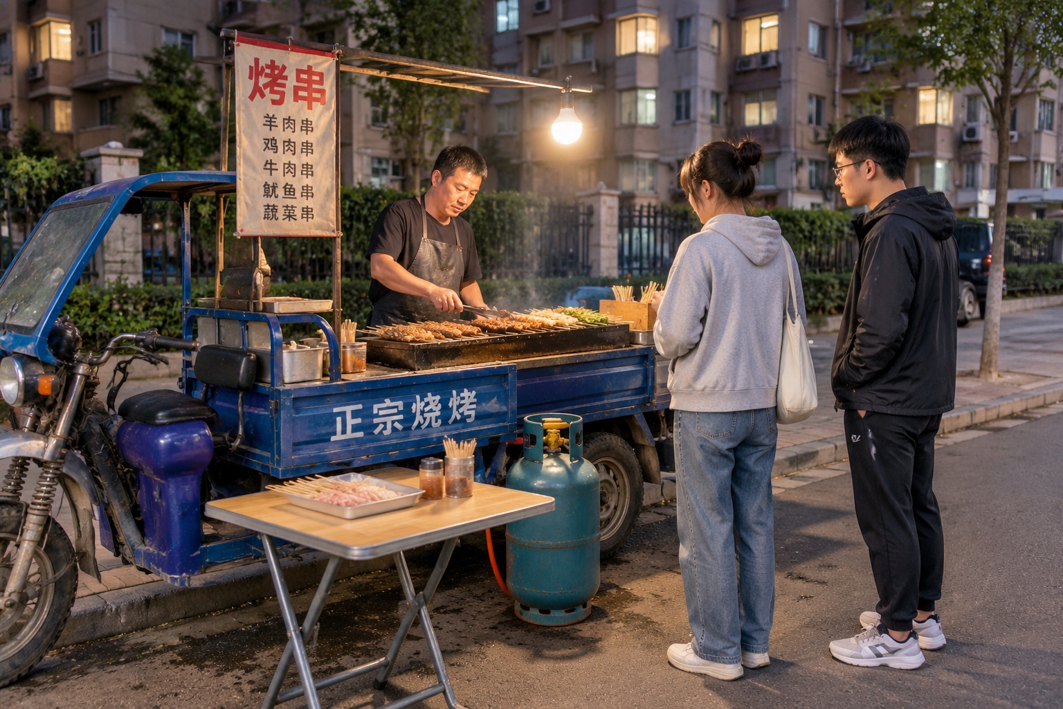 Street food tricycle turned into a grill stall at night on a Chinese street with customers standing nearby