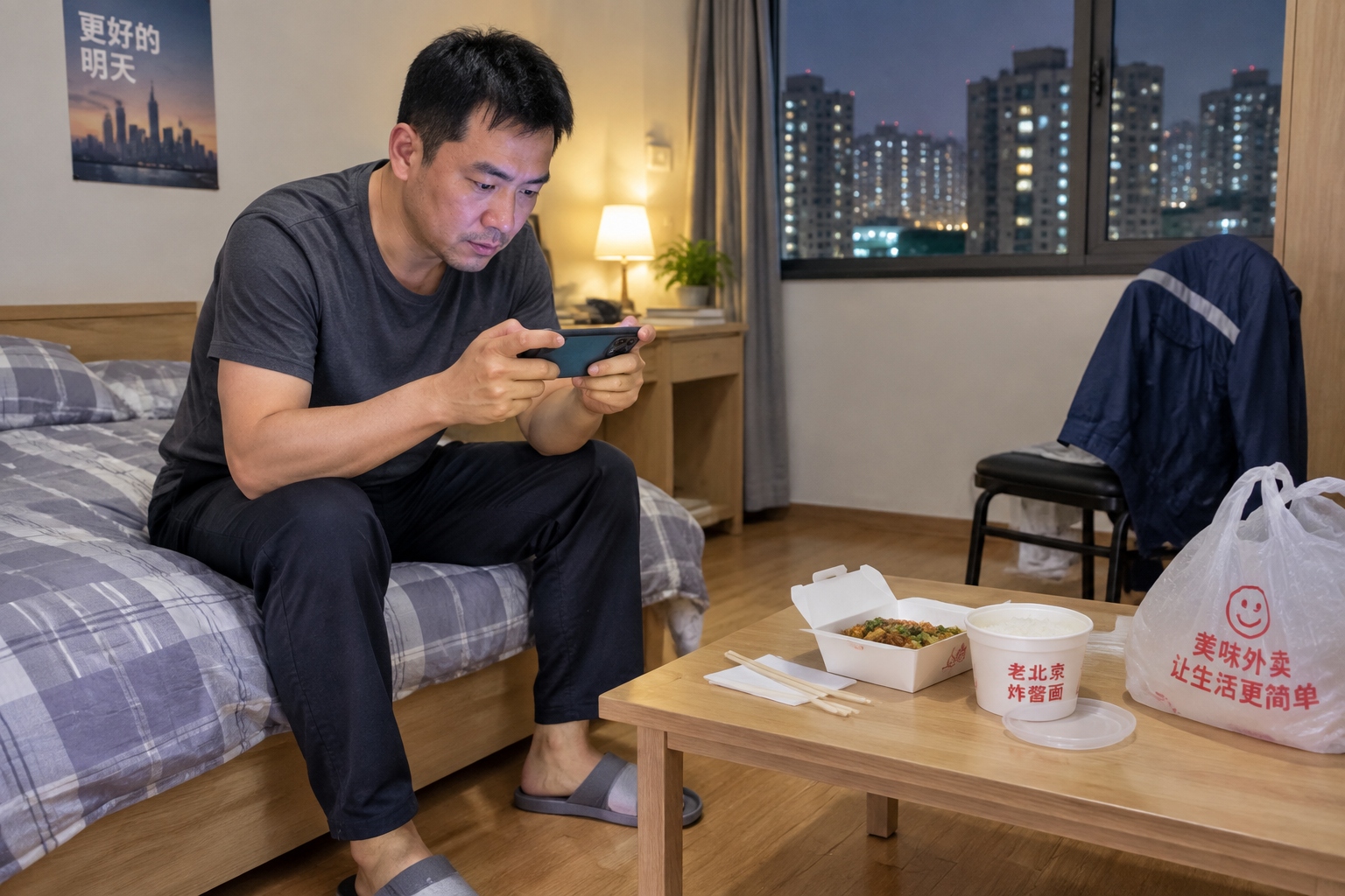 A man in his late thirties sits on a bed in a small rented apartment in China, playing a mobile game beside takeout boxes and work clothes.