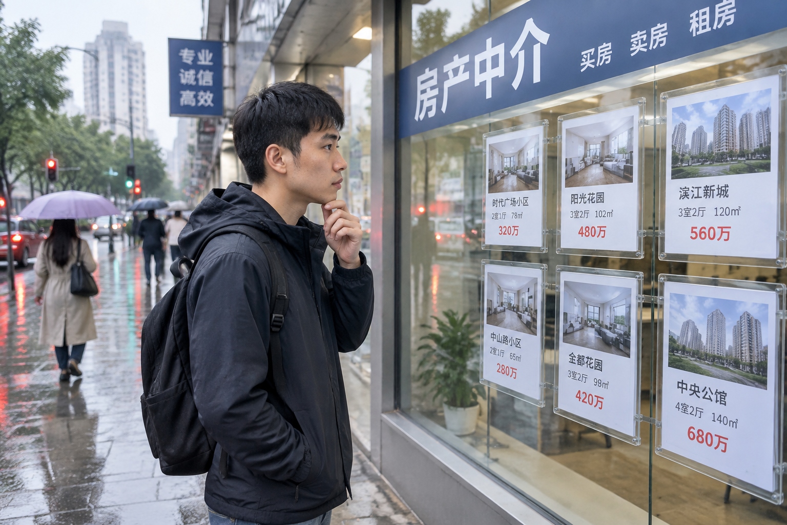 A young Chinese man looks at apartment listings in a real estate agency window on a rainy city street.