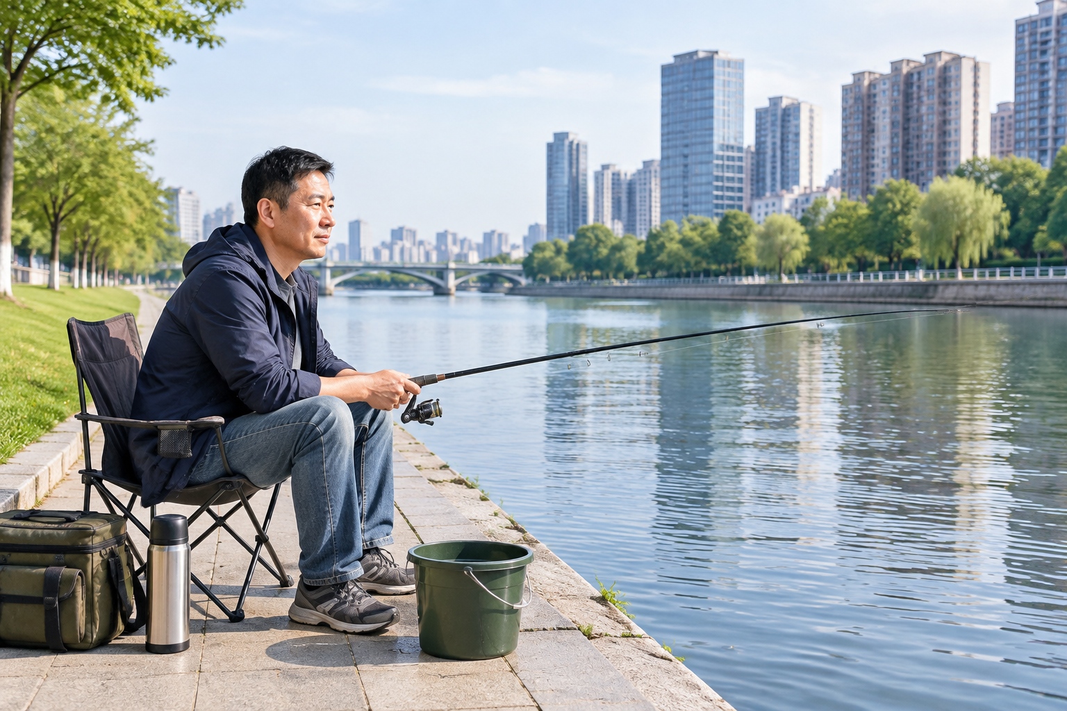 A man in his forties fishes alone by an urban canal in China, sitting on a folding chair with a thermos nearby.