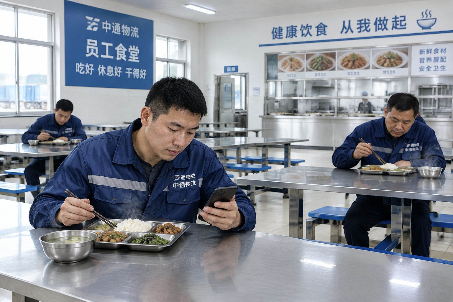 Male workers eat alone at long tables in a Chinese logistics warehouse cafeteria, one looking at his phone.