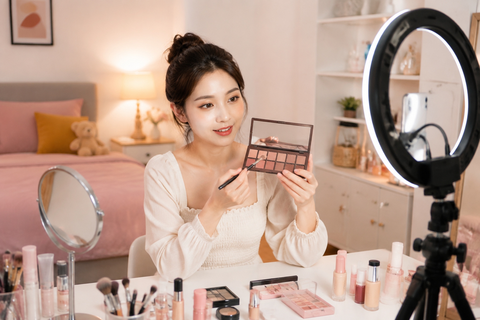 Young Chinese woman filming makeup tutorial in bedroom with ring light and phone