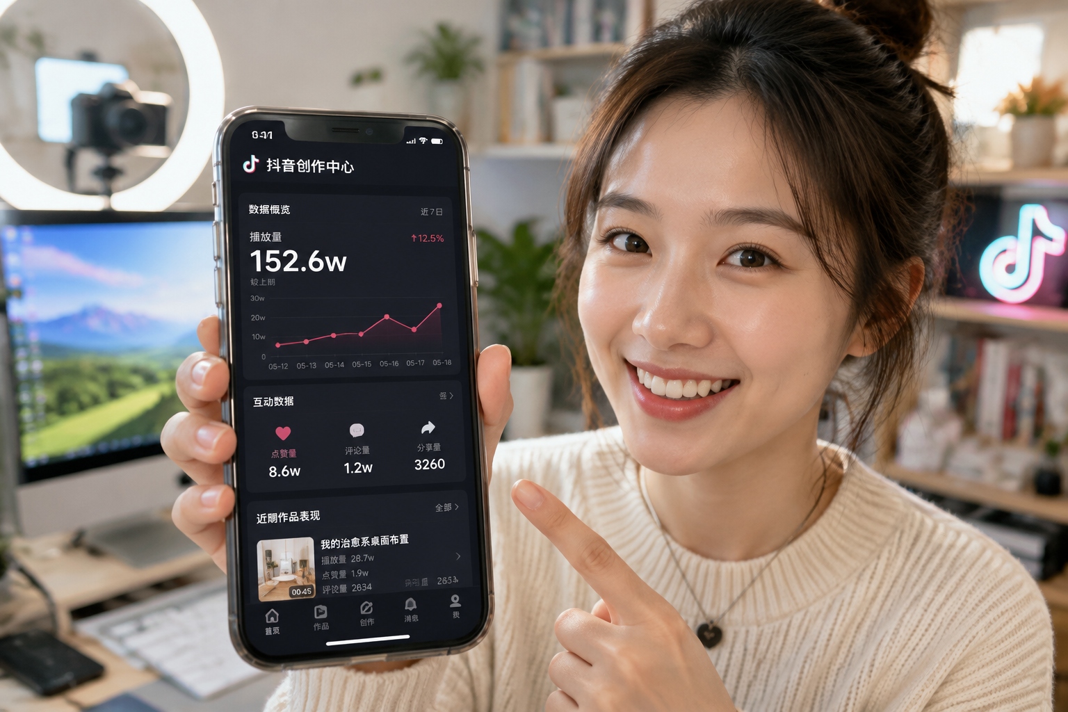 Douyin creator analytics dashboard on smartphone showing video performance metrics