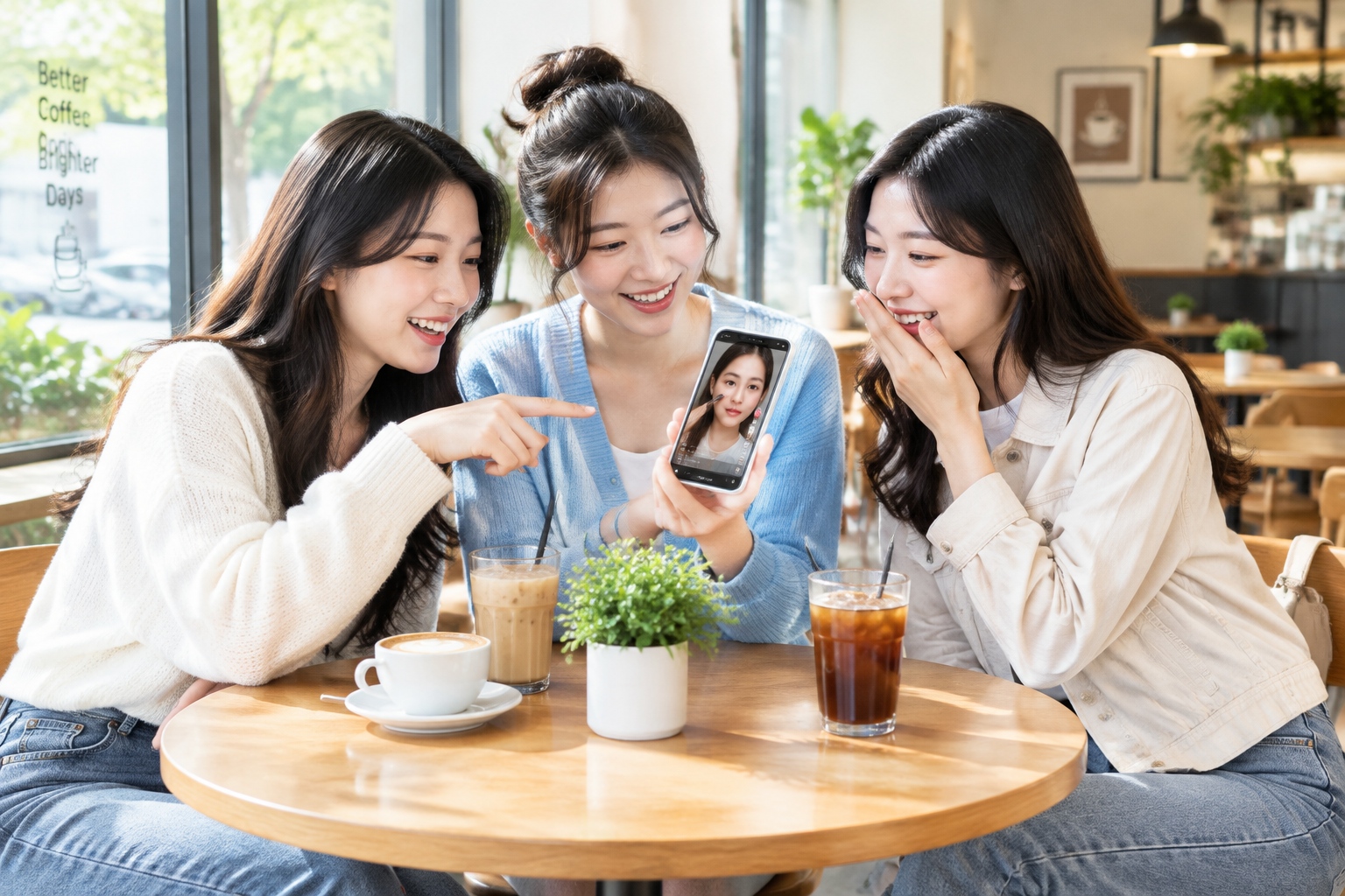 Three Chinese women watching a Douyin makeup tutorial together in a café