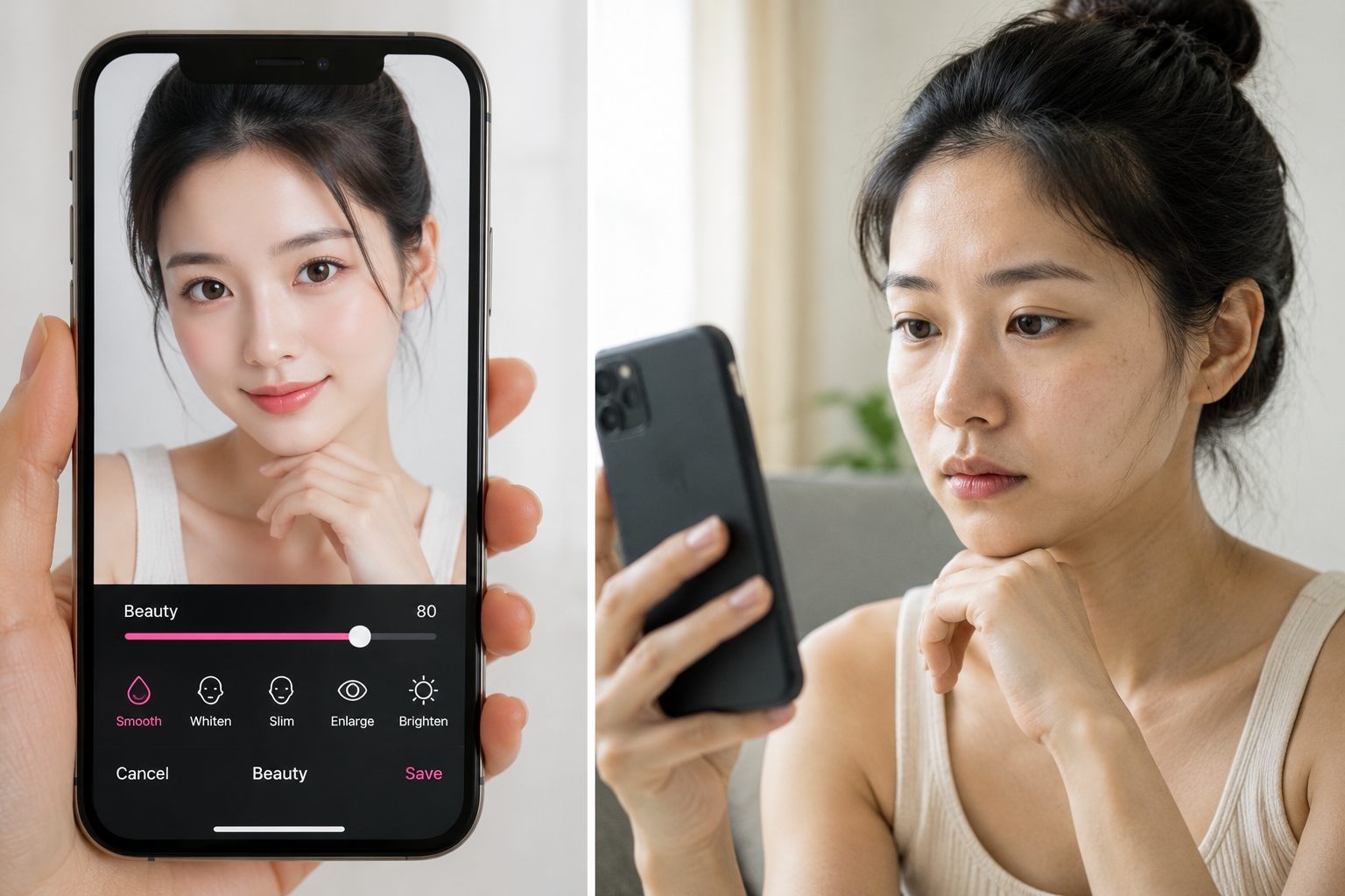 Comparison of beauty filter on phone screen versus natural face in daylight