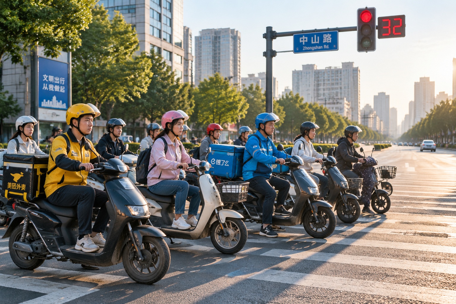 Electric scooter riders waiting at a red light in Hangzhou during morning rush hour