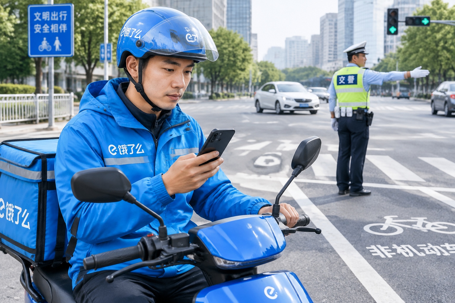 A delivery rider checks his phone while waiting at a traffic light in China