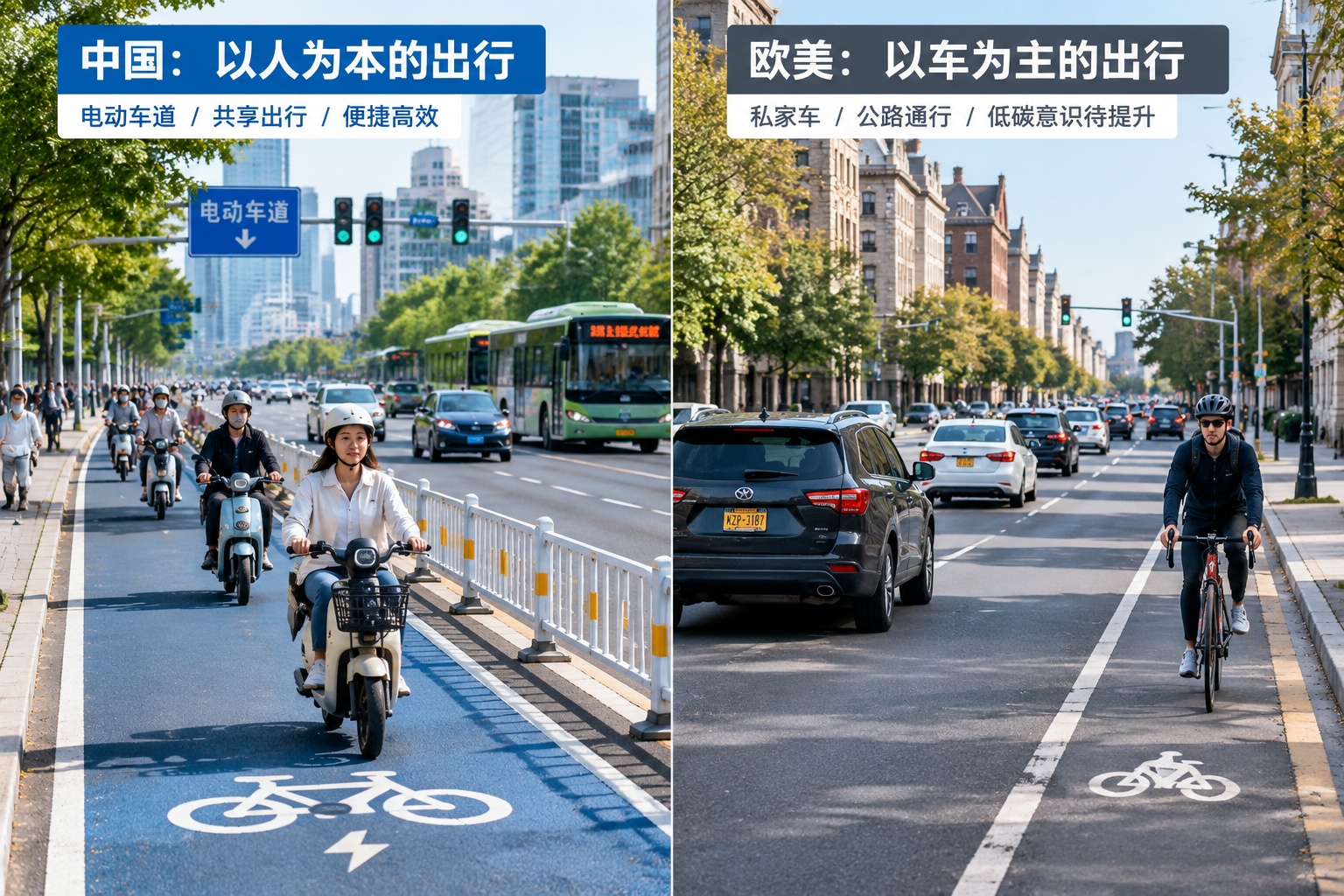 Comparison of a Chinese e-bike-friendly intersection and a car-dominated Western street