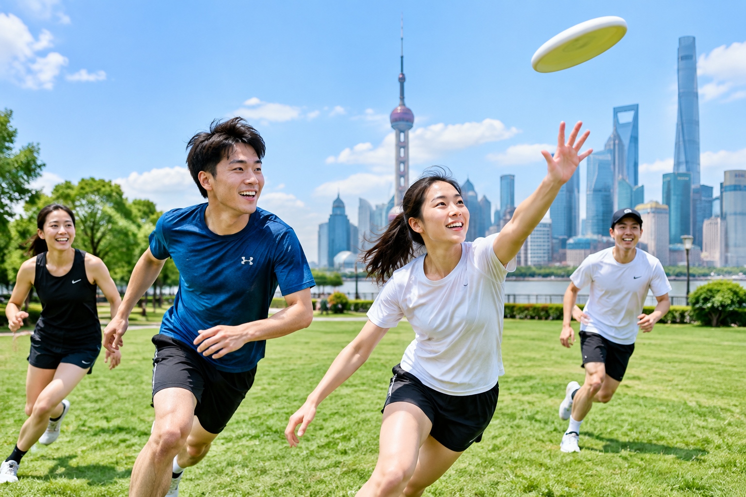 Young men and women playing ultimate frisbee together on a grassy park in Shanghai
