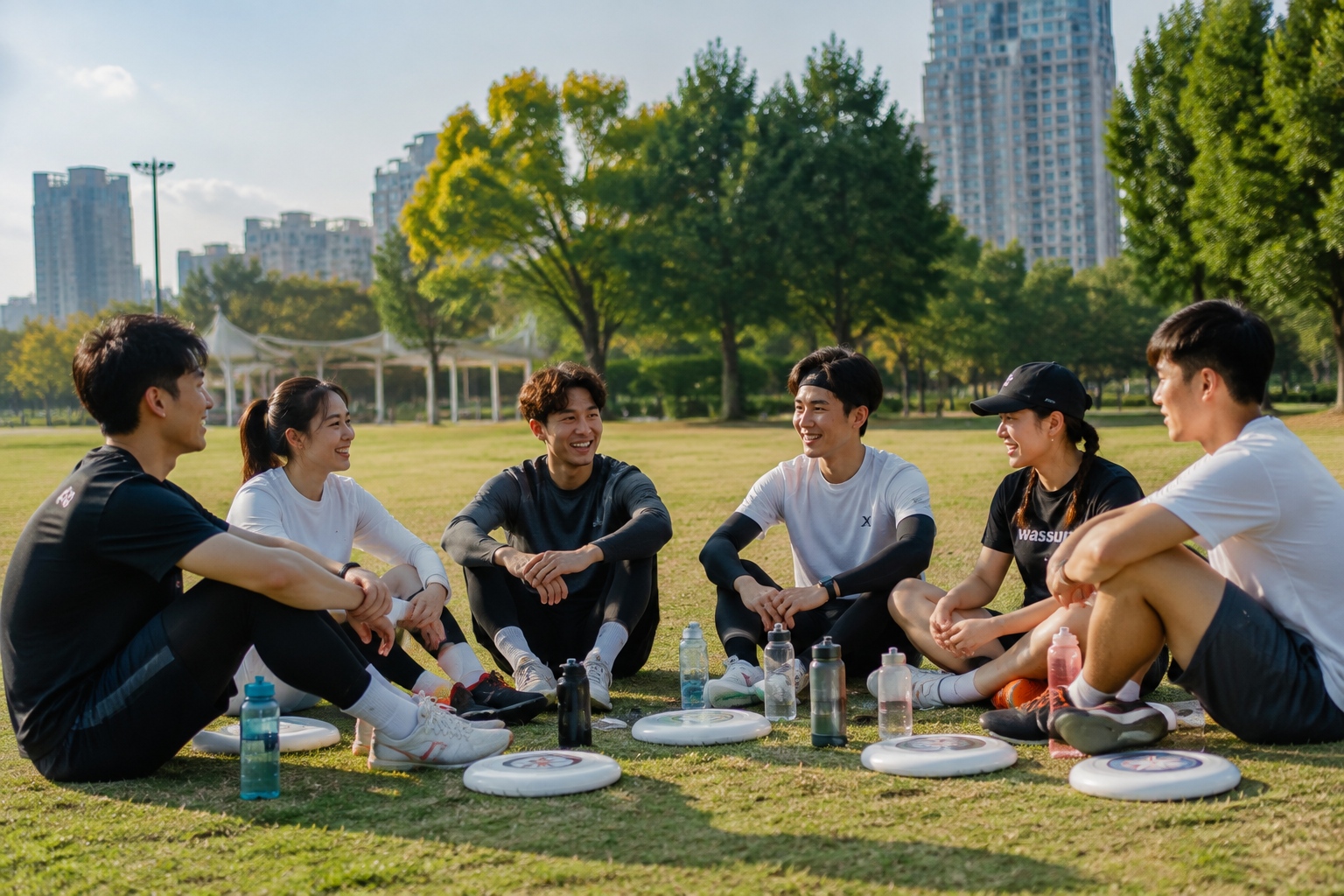A frisbee club social gathering in a Chinese urban park, members chatting on the grass