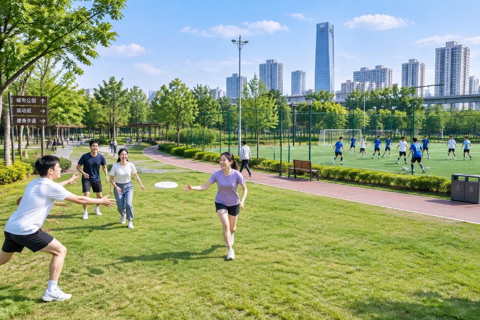 Frisbee players and soccer players sharing a large urban public park in China