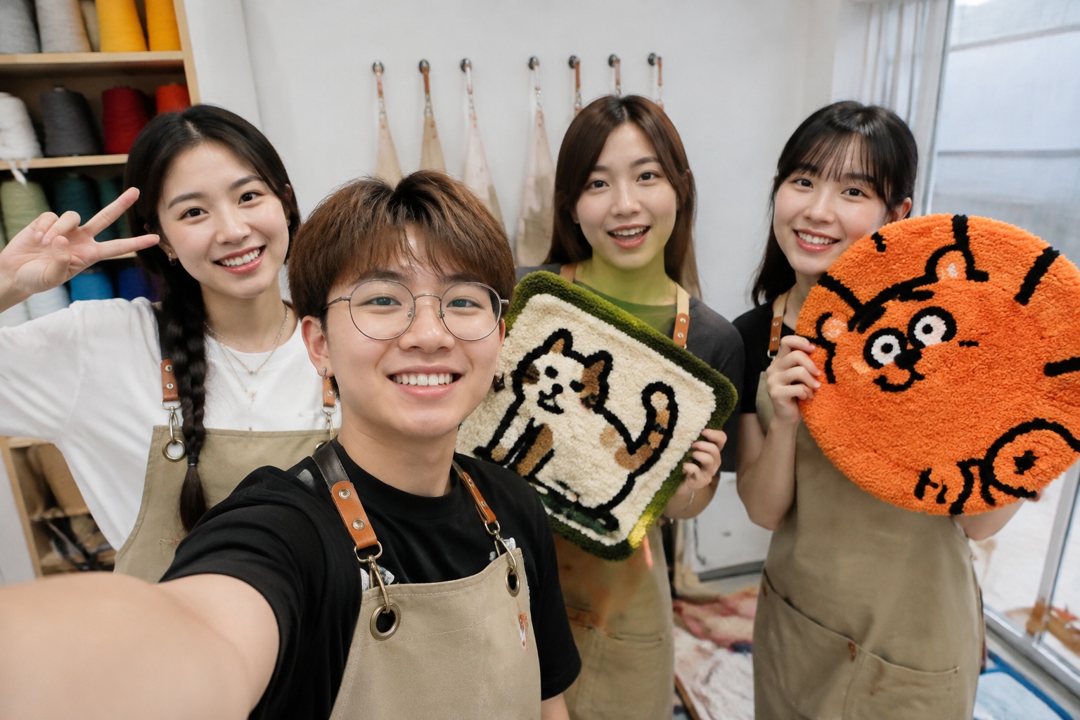 Young people posing with their handmade tufted rugs at a studio in China