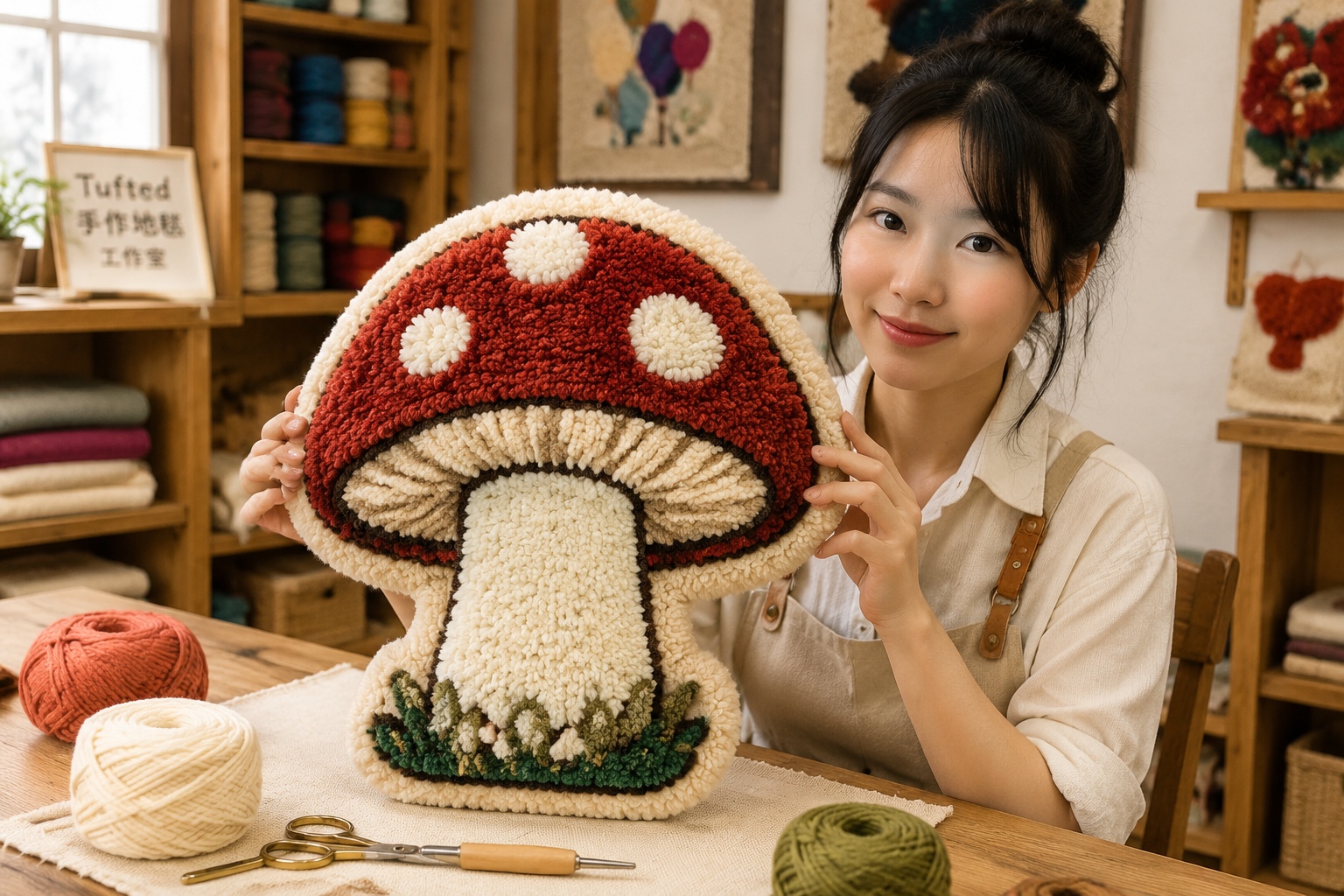 Completed tufted rug with mushroom design in a Chinese workshop