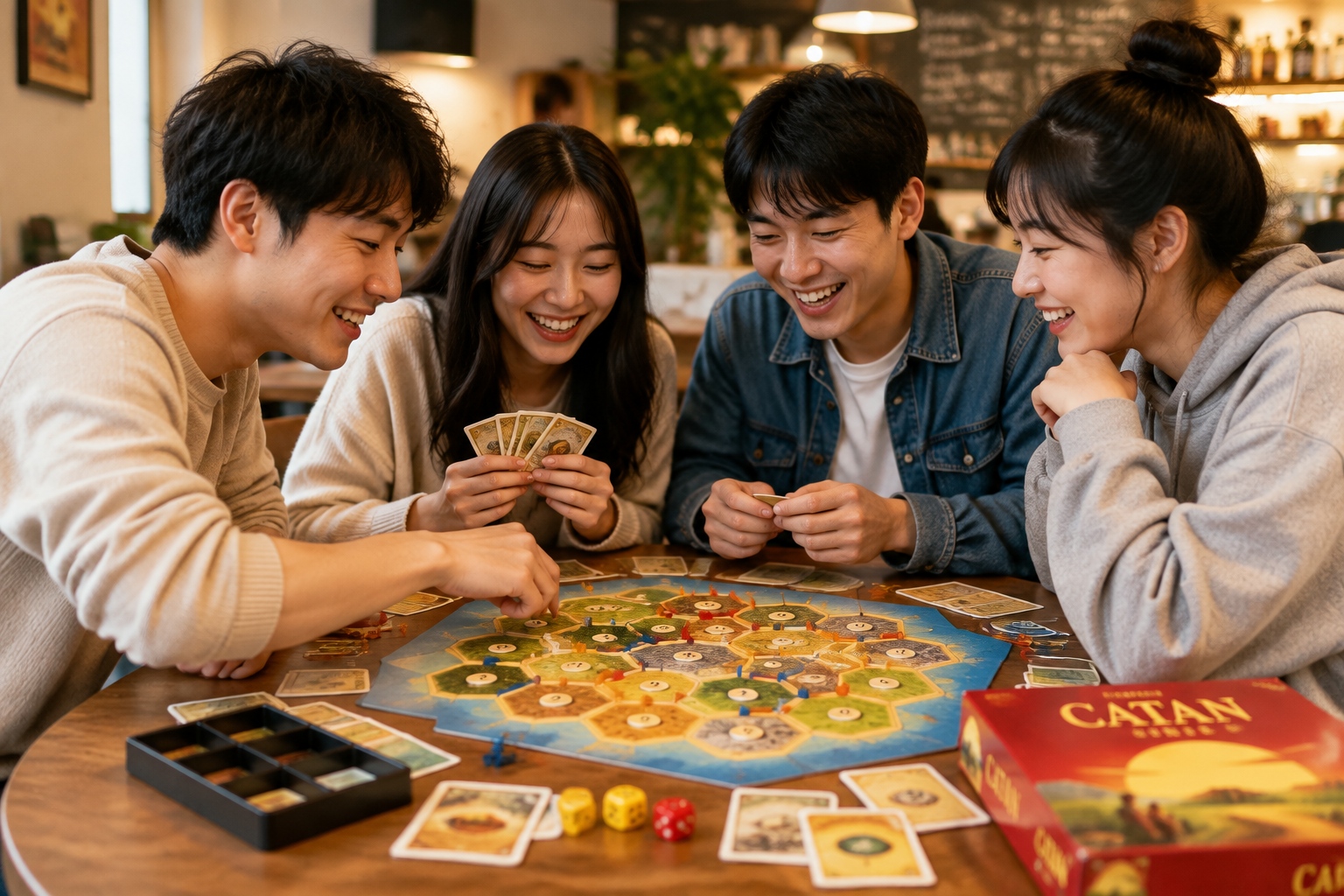 Four Chinese Gen Z friends playing Catan at a board game cafe, laughing and pointing at the board.