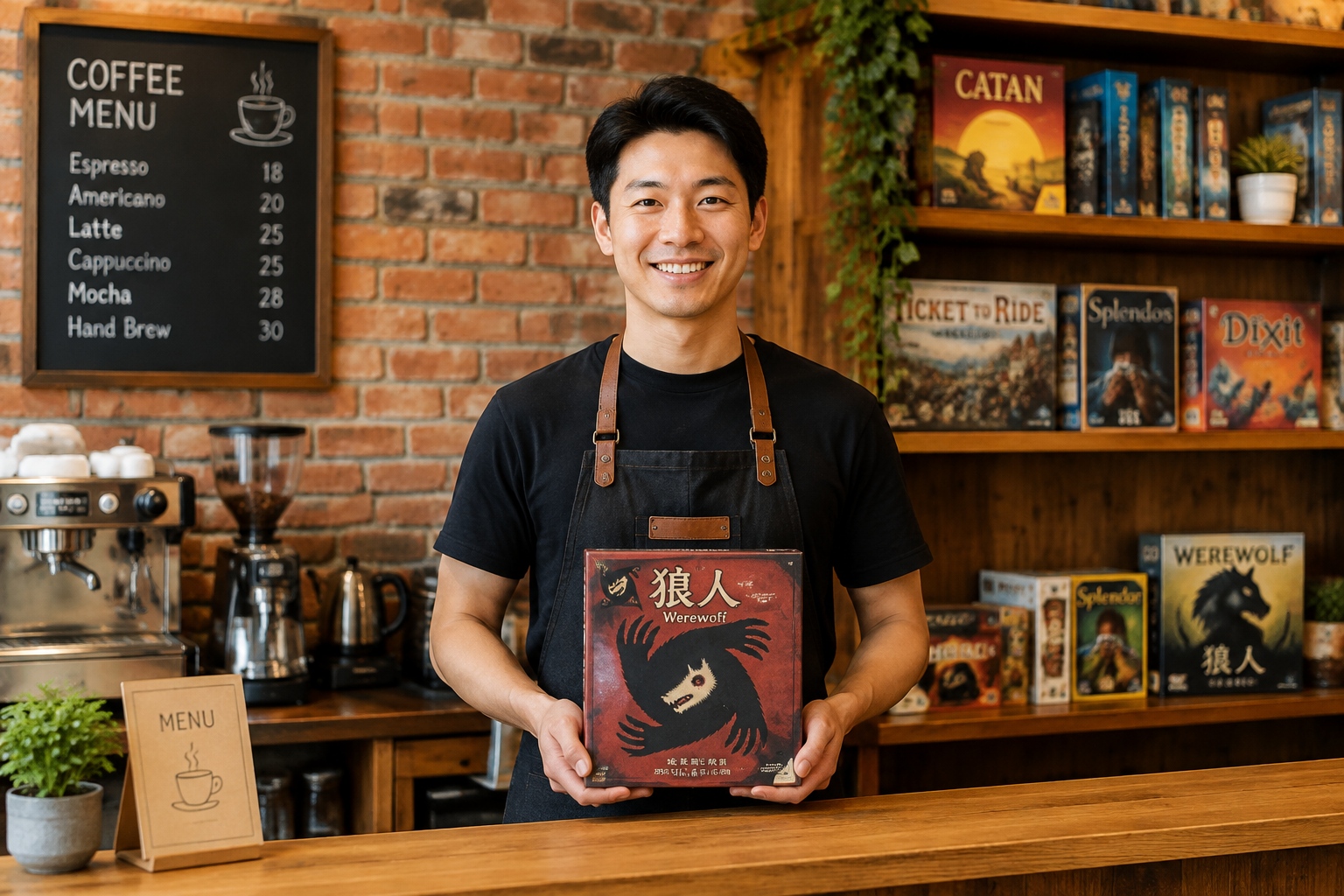 Cafe owner Li Ming behind the counter at his board game cafe, holding a Werewolf game box.