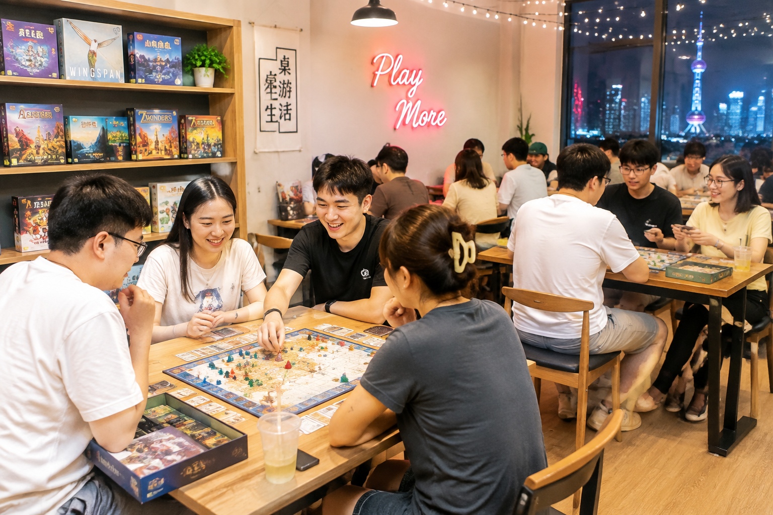 Busy board game cafe in Shanghai filled with Gen Z players at different tables, neon sign visible.