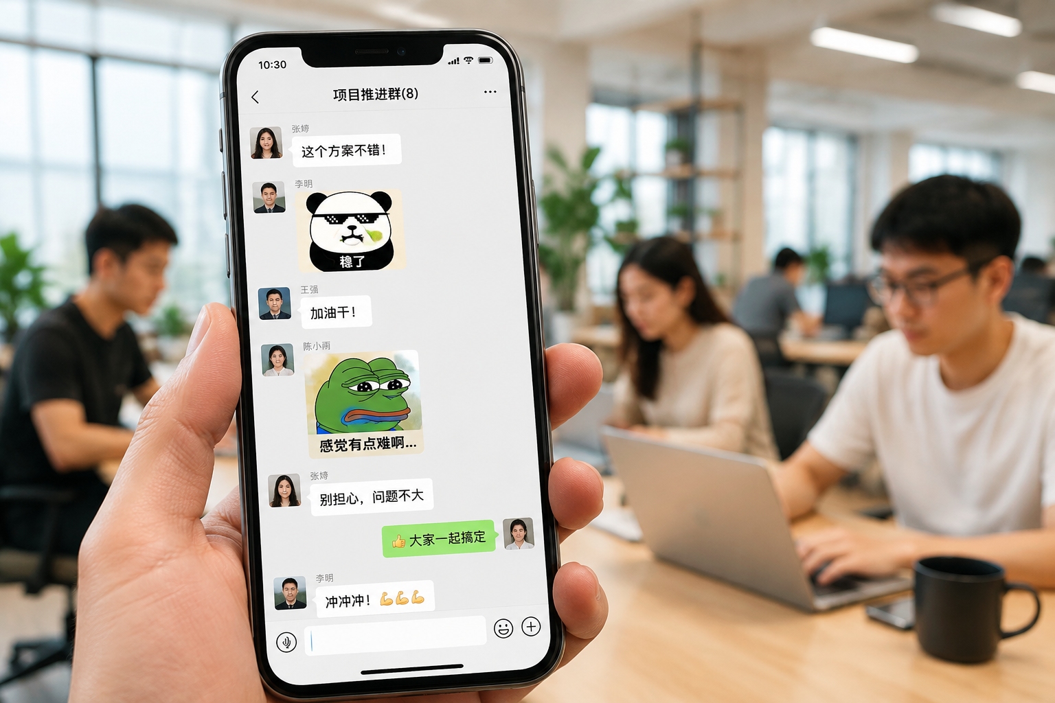 Smartphone screen showing WeChat group chat with Chinese memes like panda head and sad frog, in a bright office environment.