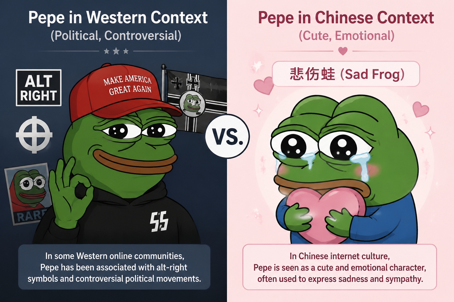 Split image showing Western Pepe the Frog with political symbols on the left, and Chinese cute teary-eyed sad frog on the right, illustrating different cultural uses.