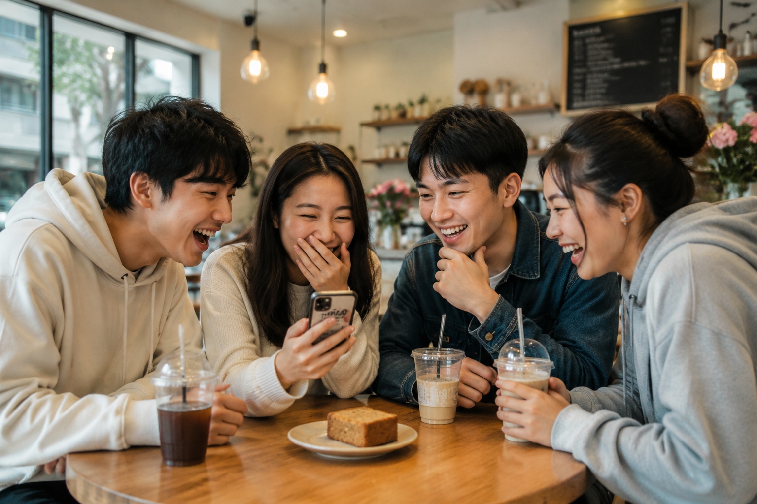 Group of young Chinese adults laughing and looking at a phone showing a meme in a cozy café.
