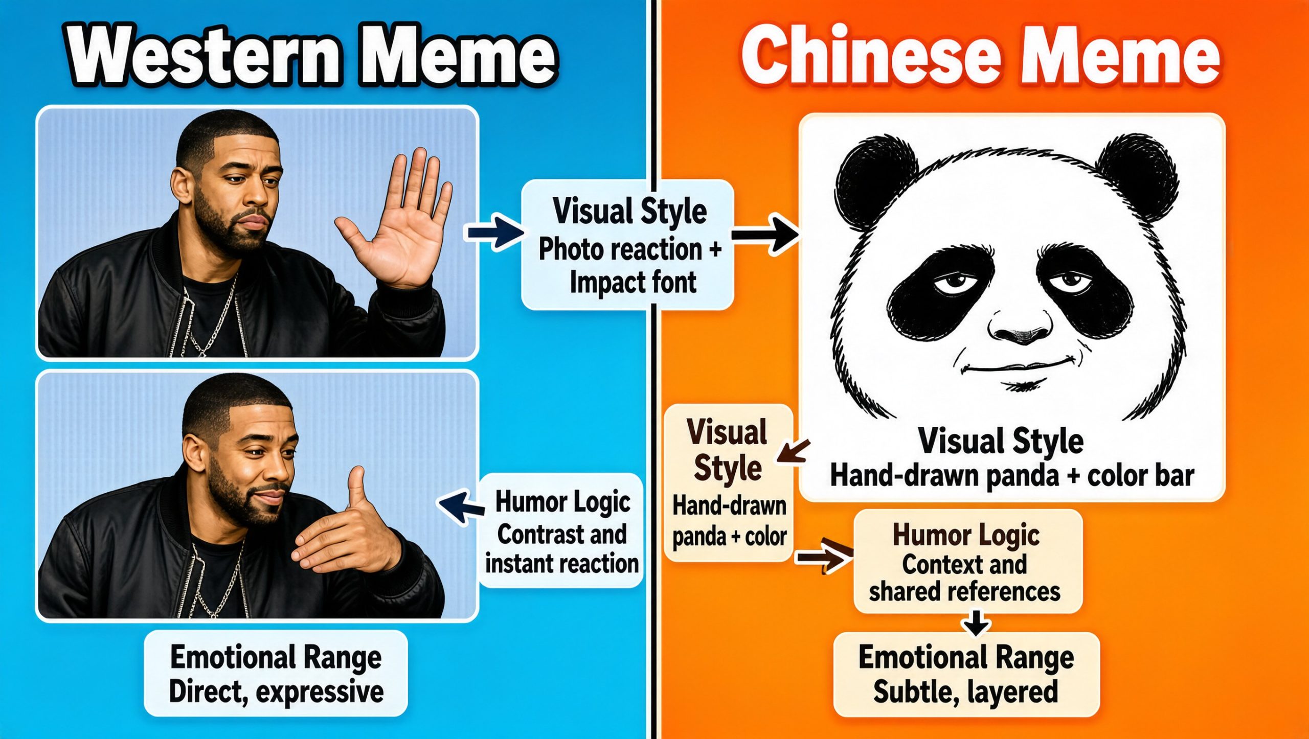 Comparison infographic between a Western meme (Drake) and a Chinese meme (panda head) with annotations highlighting differences.