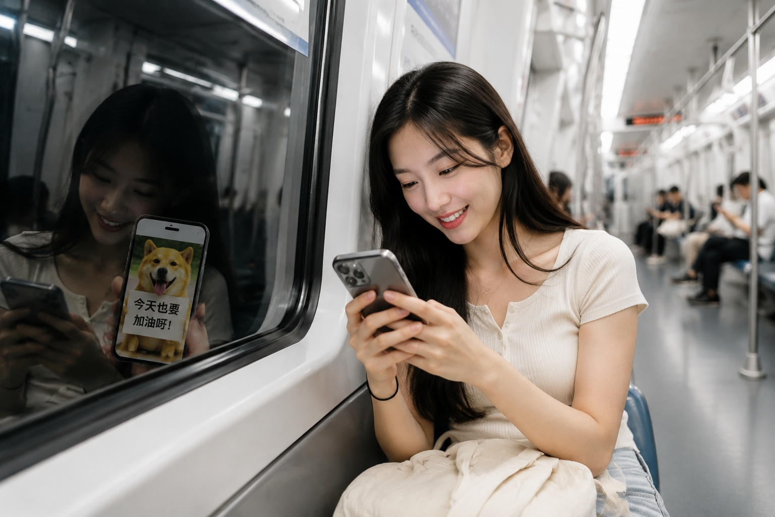 Young Chinese woman on subway smiling at her phone showing a yellow dog meme, with window reflection.