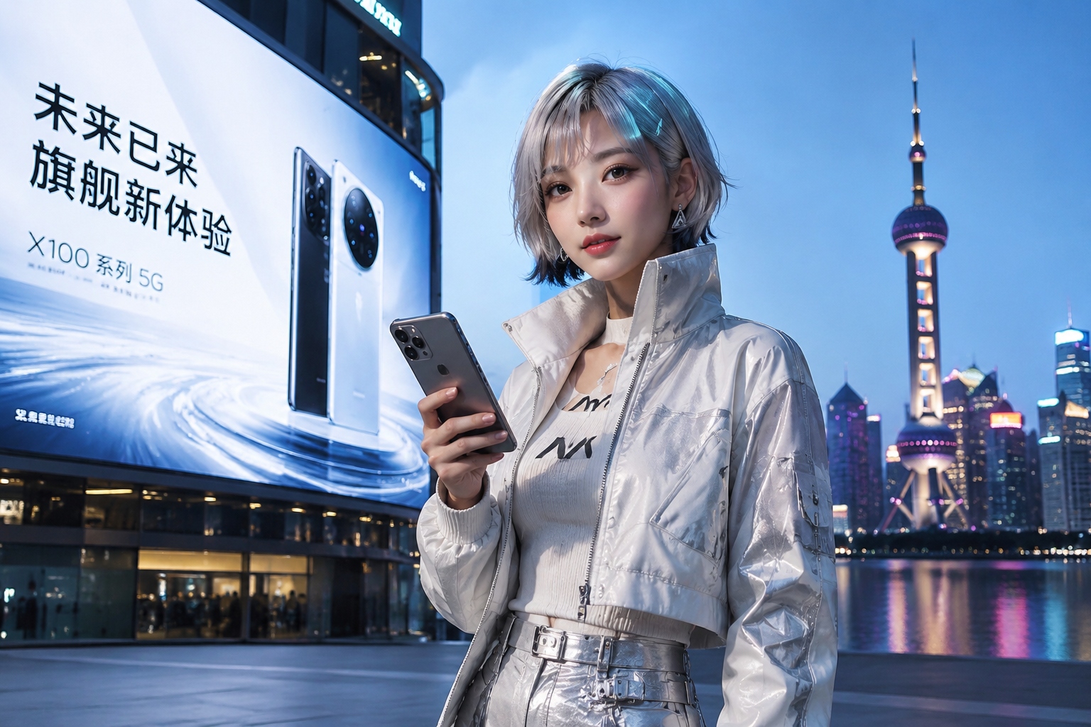 Virtual influencer AYAYI-style character holding a smartphone in a Chinese city campaign