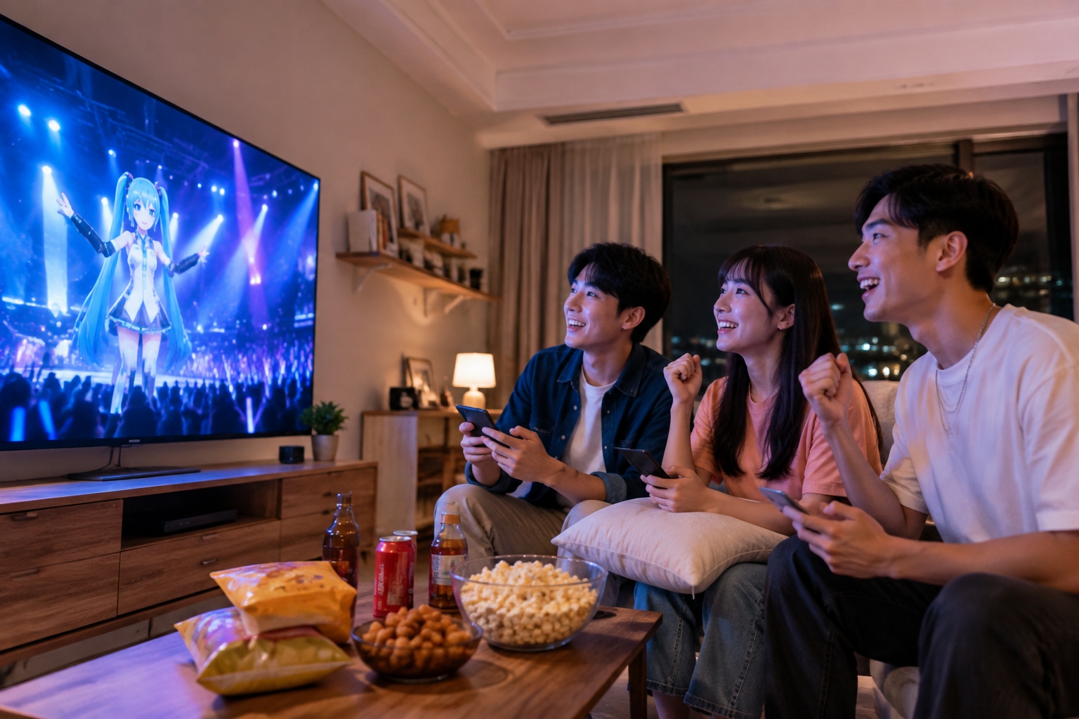 Young Chinese fans watching a virtual idol concert from home