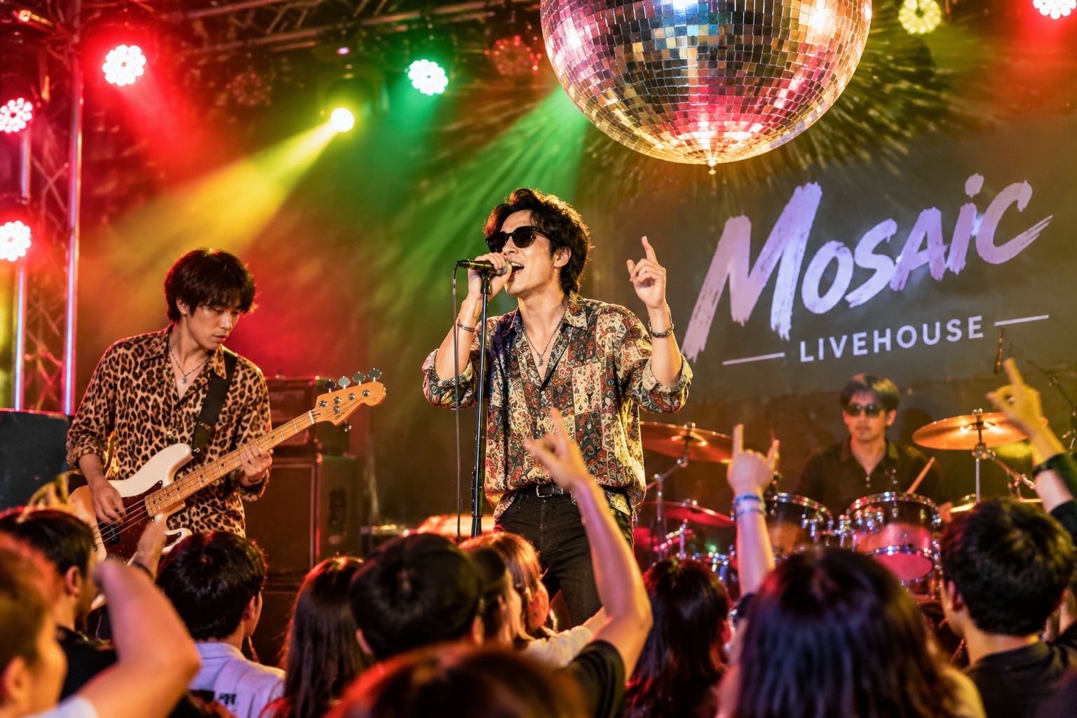 Mosaic band playing an energetic disco rock show in Chengdu