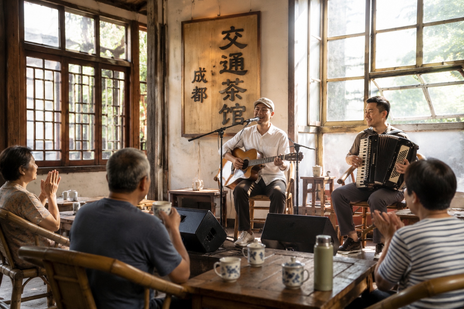 Yishi performing in a Sichuan teahouse