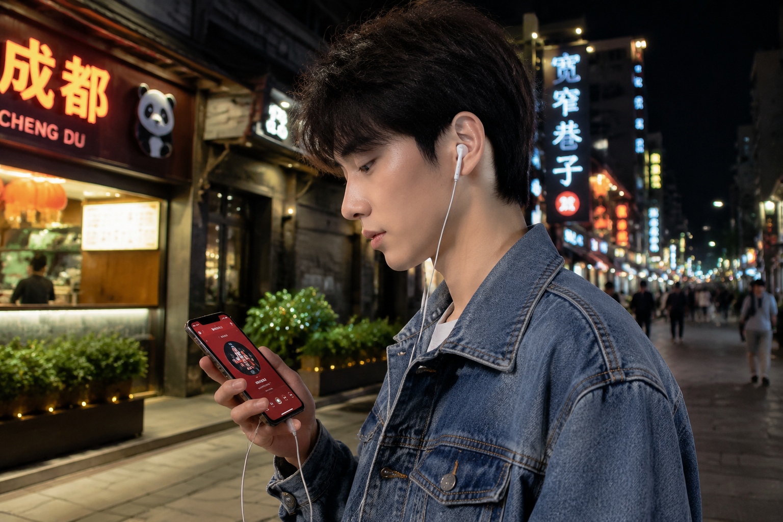Person streaming Chinese indie music on a smartphone in Chengdu