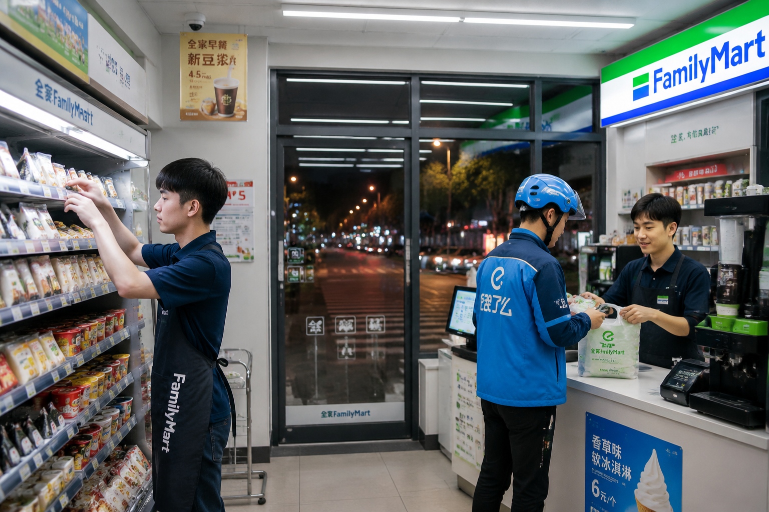 24-hour convenience store in Shanghai at night with a clerk restocking shelves and a delivery rider at the counter