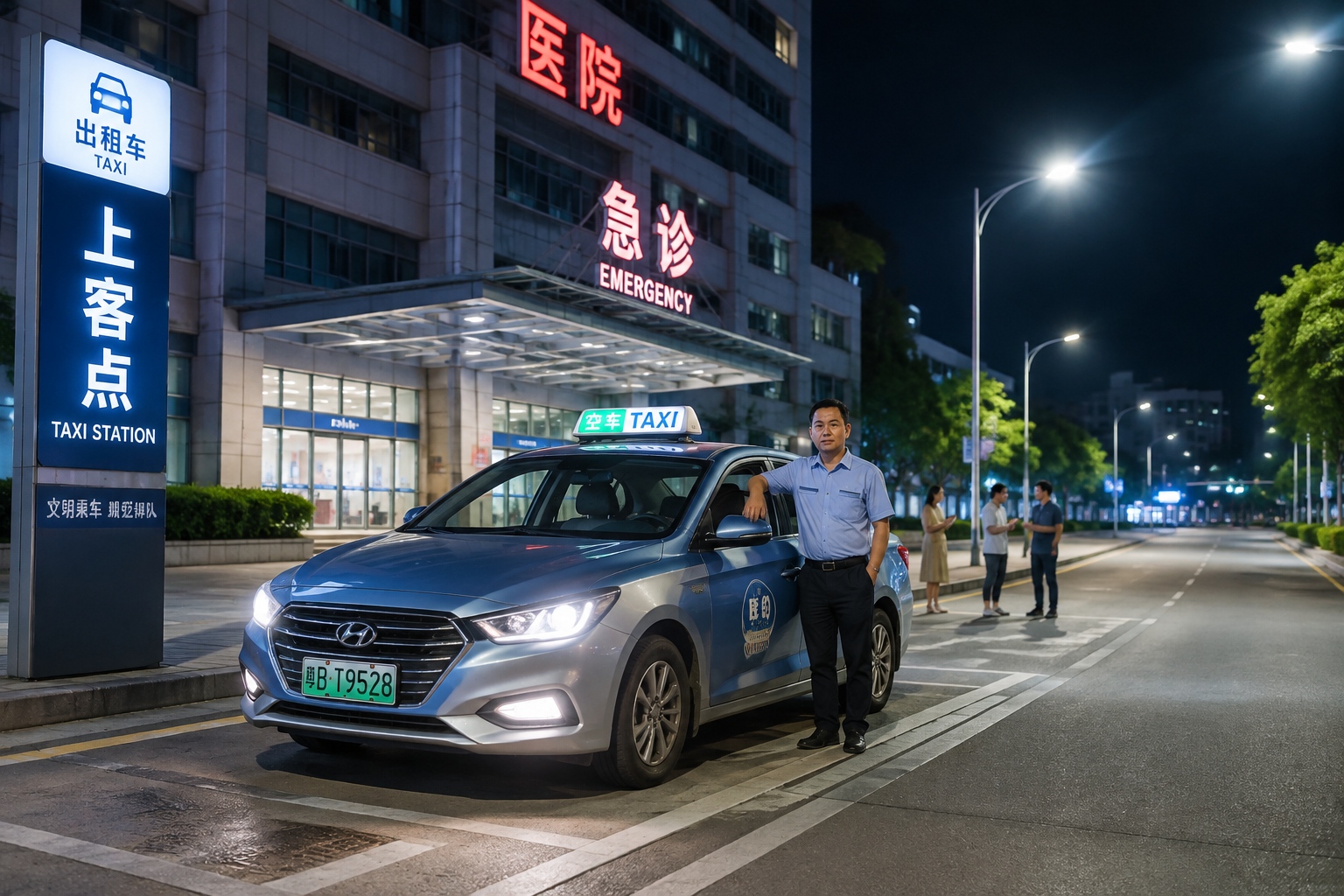 Night shift taxi driver parked near a hospital in a Chinese city at 2 AM, with LED streetlights