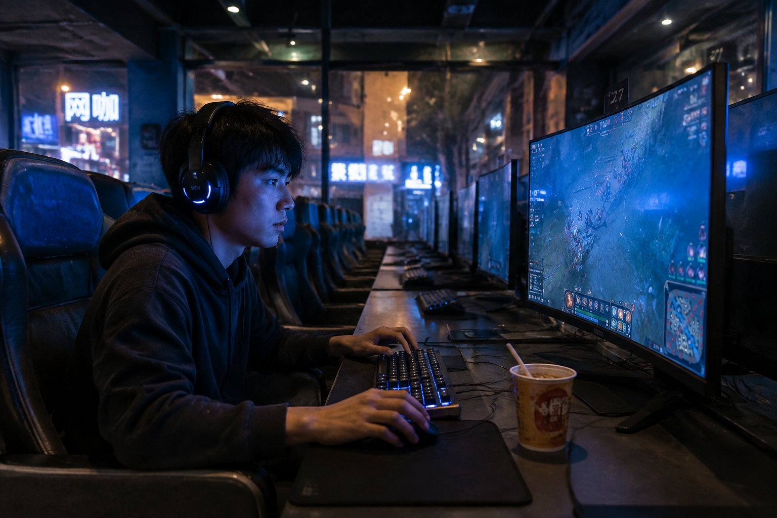 A young game booster playing in a 24-hour internet cafe in China at night, glowing screen and instant noodles